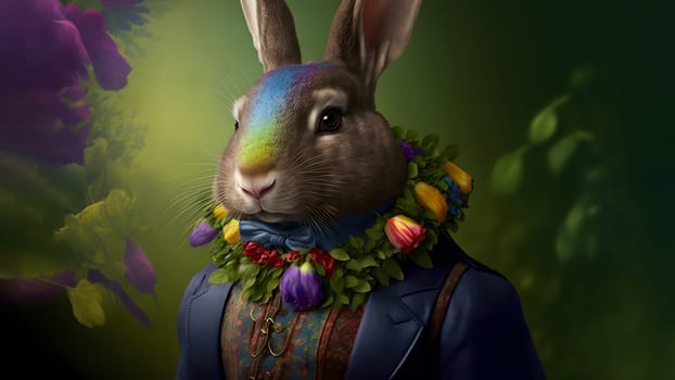 anthropomorphic rabbit in business suit and collar made of flowers on green background, neural network generated art. Digitally generated image. Not based on any actual person, scene or pattern.