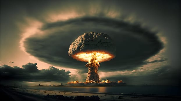 nuclear exposion mushroom over mountains with river in foreground, neural network generated art. Digitally generated image. Not based on any actual person, scene or pattern.