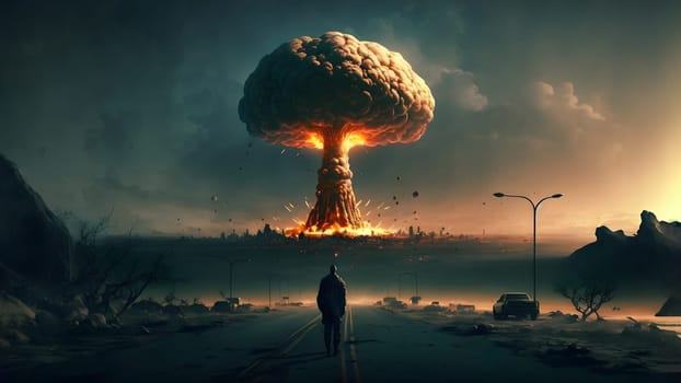 nuclear exposion mushroom over city with man on road foreground looking at the city, neural network generated art. Digitally generated image. Not based on any actual person, scene or pattern.