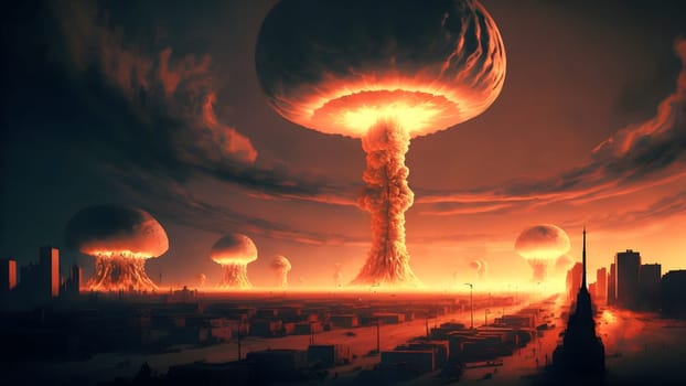 multiple nuclear exposions mushrooms over city, neural network generated art. Digitally generated image. Not based on any actual person, scene or pattern.