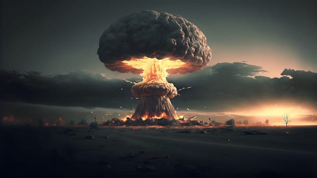 nuclear exposion mushroom over plain land, neural network generated art. Digitally generated image. Not based on any actual person, scene or pattern.