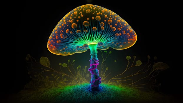 glowing magic mushroom on black background, neural network generated art. Digitally generated image. Not based on any actual person, scene or pattern.