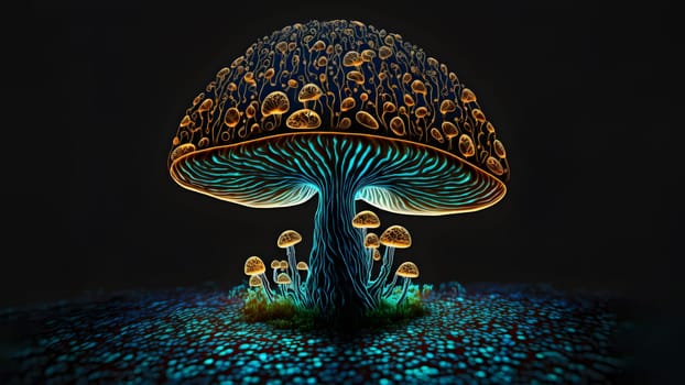 glowing magic mushroom on black background, neural network generated art. Digitally generated image. Not based on any actual person, scene or pattern.