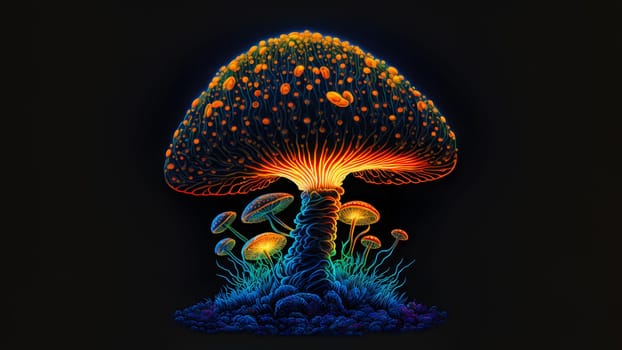 glowing magic mushroom on black background, neural network generated art. Digitally generated image. Not based on any actual person, scene or pattern.