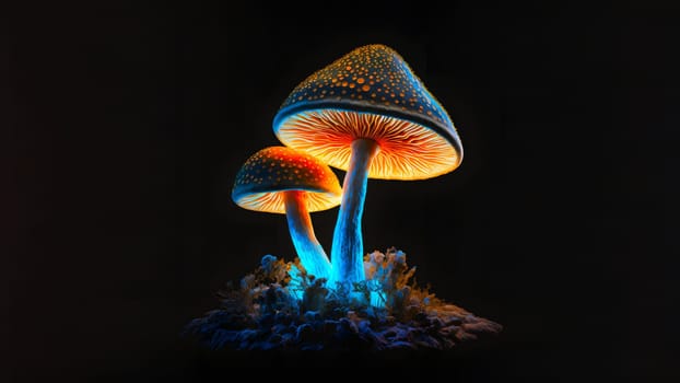 glowing magic mushroom on black background, neural network generated art. Digitally generated image. Not based on any actual person, scene or pattern.