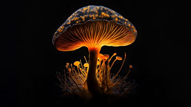 glowing magic mushroom on black background, neural network generated art. Digitally generated image. Not based on any actual person, scene or pattern.