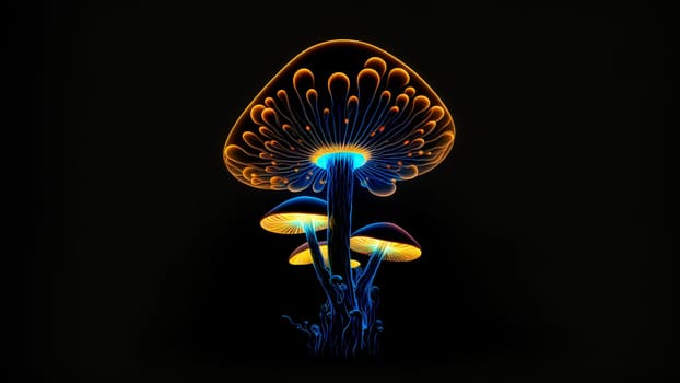 glowing magic mushroom on black background, neural network generated art. Digitally generated image. Not based on any actual person, scene or pattern.