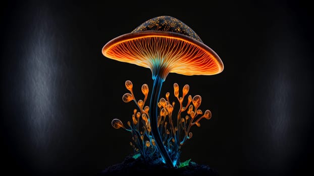 glowing magic mushroom on black background, neural network generated art. Digitally generated image. Not based on any actual person, scene or pattern.