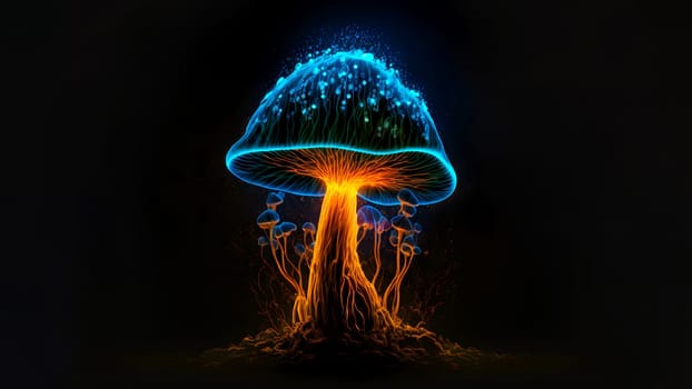 glowing magic mushroom on black background, neural network generated art. Digitally generated image. Not based on any actual person, scene or pattern.