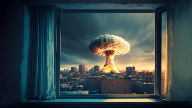 nuclear exposion mushroom over city, view through opened window, neural network generated art. Digitally generated image. Not based on any actual person, scene or pattern.
