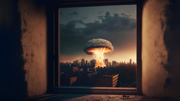 nuclear exposion mushroom over city, view through opened window, neural network generated art. Digitally generated image. Not based on any actual person, scene or pattern.
