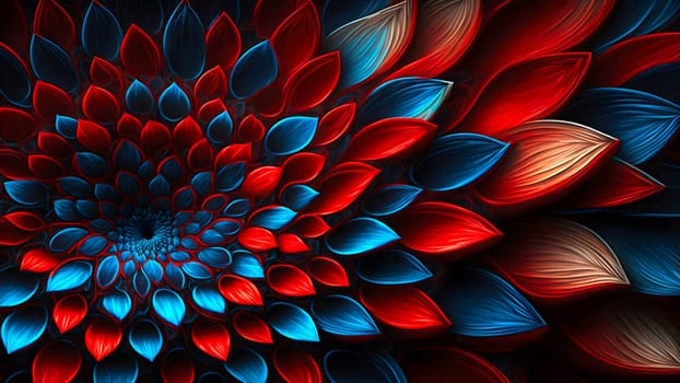 closeup full-frame background of red and blue petal flower, neural network generated art. Digitally generated image. Not based on any actual person, scene or pattern.