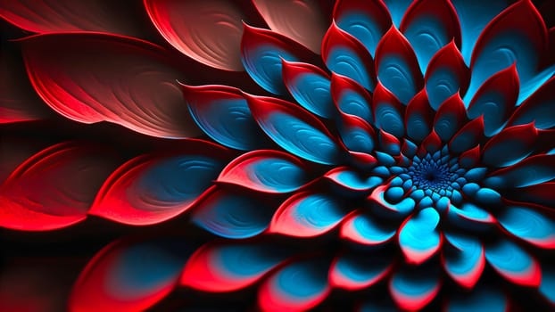 closeup full-frame background of red and blue petal flower, neural network generated art. Digitally generated image. Not based on any actual person, scene or pattern.