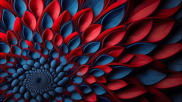 closeup full-frame background of red and blue petal flower, neural network generated art. Digitally generated image. Not based on any actual person, scene or pattern.