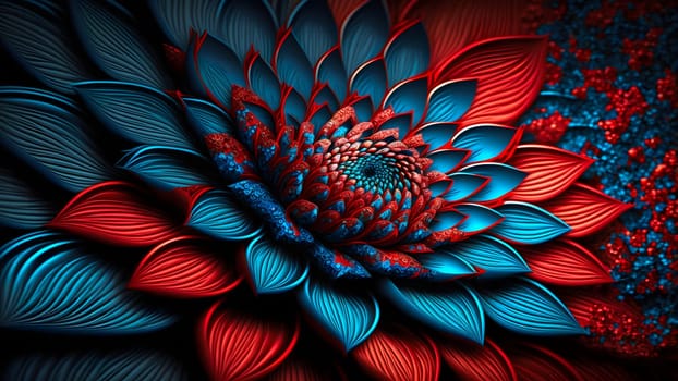 closeup full-frame background of red and blue petal flower, neural network generated art. Digitally generated image. Not based on any actual person, scene or pattern.