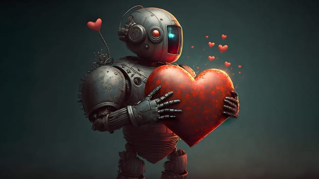 retro-futuristic robot holding large heart-shaped object for valentinse day concept, neural network generated art. Digitally generated image. Not based on any actual person, scene or pattern.