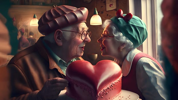 elder pair date with large red heart-shaped cake for senior valentine theme, neural network generated art. Digitally generated image. Not based on any actual person, scene or pattern.