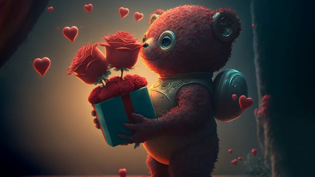 red teddy bear soft toy holding git box with red roses for valentines day celebration, neural network generated art. Digitally generated image. Not based on any actual person, scene or pattern.