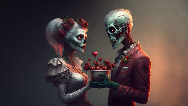 Zombie pair holding bucket of red hearts for valentines day concept, neural network generated art. Digitally generated image. Not based on any actual person, scene or pattern.