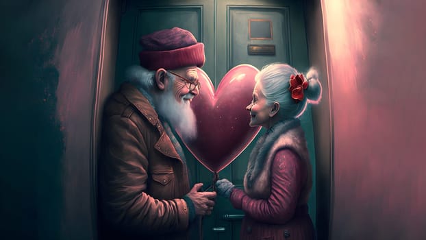 elder pair date with large red heart-shaped symbol of valentines day, neural network generated art. Digitally generated image. Not based on any actual person, scene or pattern.