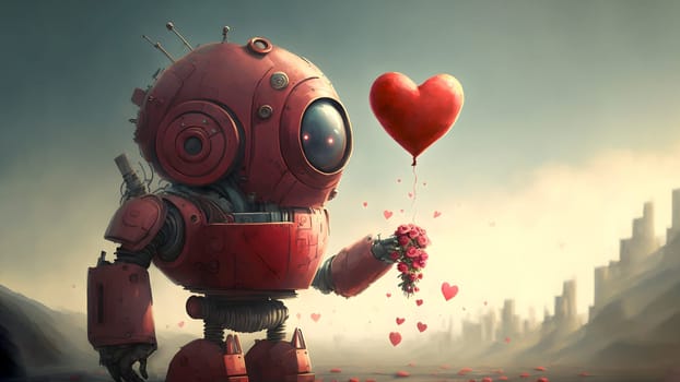 red retro-futuristic robot holding large heart-shaped balloon for valentines day concept, neural network generated art. Digitally generated image. Not based on any actual person, scene or pattern.