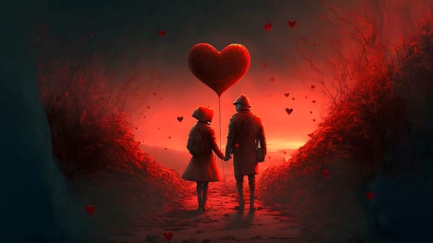 two people walking with lage heart shaped balloon above them for valentines day, neural network generated art. Digitally generated image. Not based on any actual person, scene or pattern.