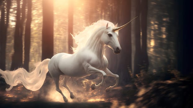 white unicorn running in forest at day light,, neural network generated art. Digitally generated image. Not based on any actual person, scene or pattern.