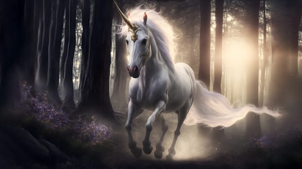 white unicorn running in forest at day light,, neural network generated art. Digitally generated image. Not based on any actual person, scene or pattern.