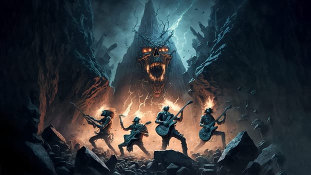 hellish rock musicians band with electric guitars in rock world, neural network generated art. Digitally generated image. Not based on any actual person, scene or pattern.