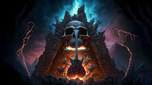 hellish heavy metal rock electric guitars in rock world, neural network generated art. Digitally generated image. Not based on any actual person, scene or pattern.