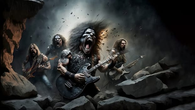 hellish rock musicians band with electric guitars in rock world, neural network generated art. Digitally generated image. Not based on any actual person, scene or pattern.