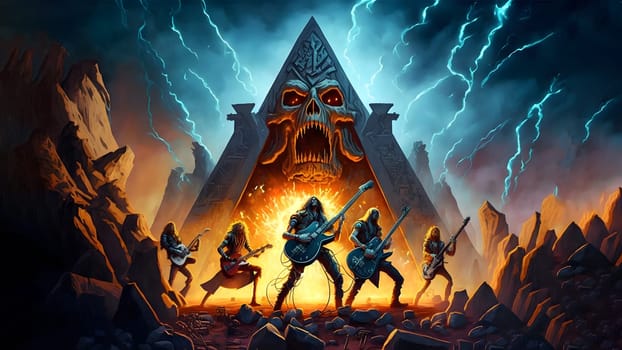 hellish rock musicians band with electric guitars in rock world, neural network generated art. Digitally generated image. Not based on any actual person, scene or pattern.