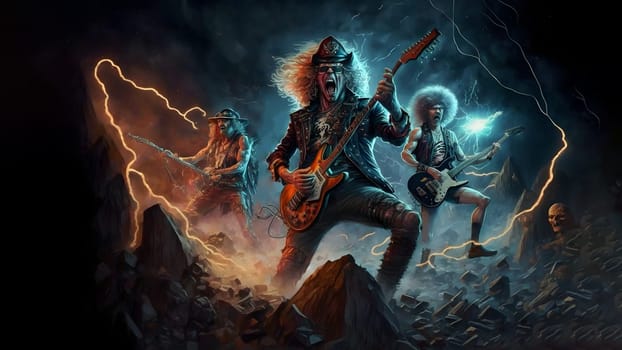 hellish rock musicians band with electric guitars in rock world, neural network generated art. Digitally generated image. Not based on any actual person, scene or pattern.