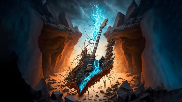 hellish heavy metal rock electric guitars in rock world, neural network generated art. Digitally generated image. Not based on any actual person, scene or pattern.