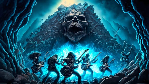 hellish rock musicians band with electric guitars in rock world, neural network generated art. Digitally generated image. Not based on any actual person, scene or pattern.