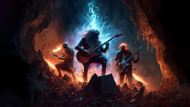 hellish rock musicians band with electric guitars in rock world cave, neural network generated art. Digitally generated image. Not based on any actual person, scene or pattern.