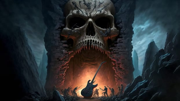 hellish heavy metal rock electric guitars in rock world, neural network generated art. Digitally generated image. Not based on any actual person, scene or pattern.