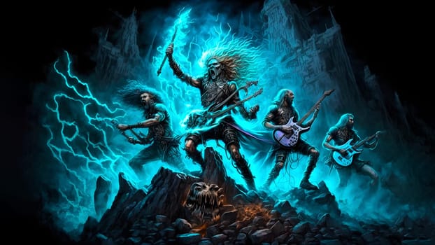 hellish rock musicians band with electric guitars in rock world, neural network generated art. Digitally generated image. Not based on any actual person, scene or pattern.