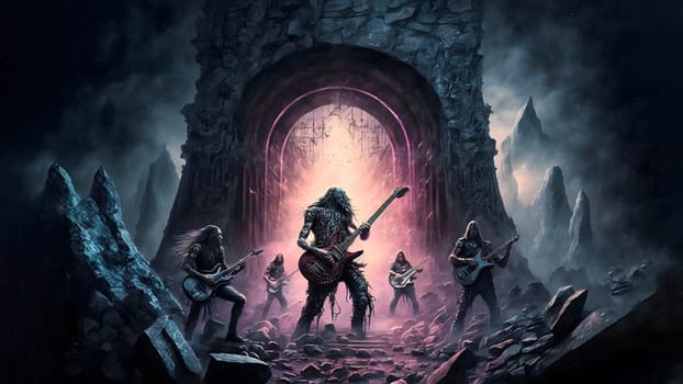 hellish rock musicians band with electric guitars in rock world, neural network generated art. Digitally generated image. Not based on any actual person, scene or pattern.