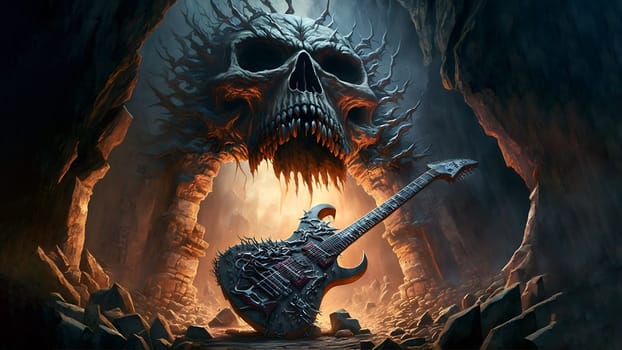 hellish heavy metal rock electric guitar at scull cave entrance, neural network generated art. Digitally generated image. Not based on any actual person, scene or pattern.