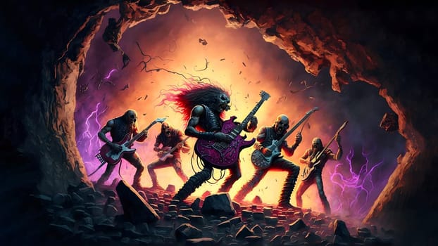 hellish rock musicians band with electric guitars in rock world, neural network generated art. Digitally generated image. Not based on any actual person, scene or pattern.