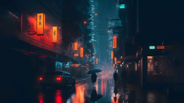 rainy night in cyberpunk chinese city street, neural network generated art. Digitally generated image. Not based on any actual person, scene or pattern.