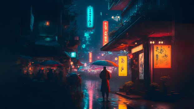 rainy night in cyberpunk chinese city street, neural network generated art. Digitally generated image. Not based on any actual person, scene or pattern.