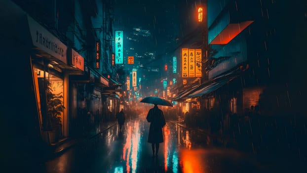 rainy night in cyberpunk chinese city street, neural network generated art. Digitally generated image. Not based on any actual person, scene or pattern.