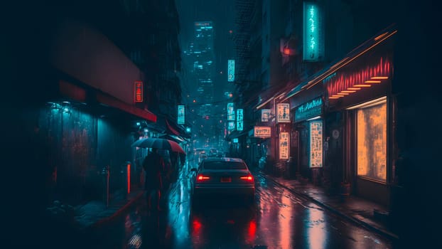 rainy night in cyberpunk chinese city street, neural network generated art. Digitally generated image. Not based on any actual person, scene or pattern.