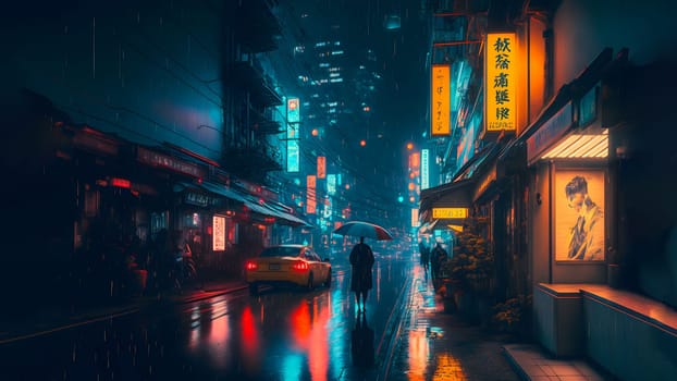 rainy night in cyberpunk chinese city street, neural network generated art. Digitally generated image. Not based on any actual person, scene or pattern.