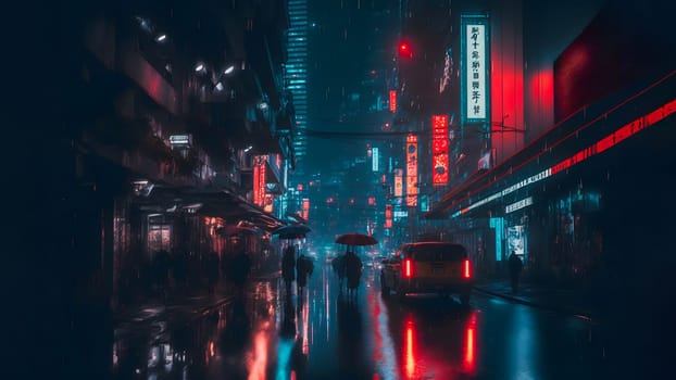 rainy night in cyberpunk chinese city street, neural network generated art. Digitally generated image. Not based on any actual person, scene or pattern.