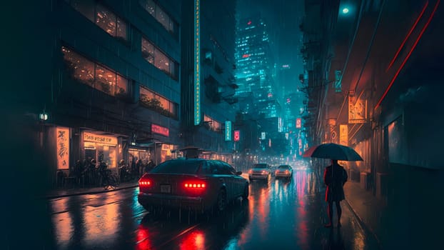 rainy night in cyberpunk chinese city street, neural network generated art. Digitally generated image. Not based on any actual person, scene or pattern.