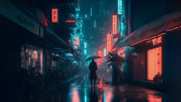 rainy night in cyberpunk chinese city street, neural network generated art. Digitally generated image. Not based on any actual person, scene or pattern.
