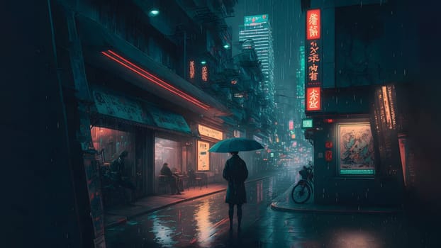 rainy night in cyberpunk chinese city street, neural network generated art. Digitally generated image. Not based on any actual person, scene or pattern.